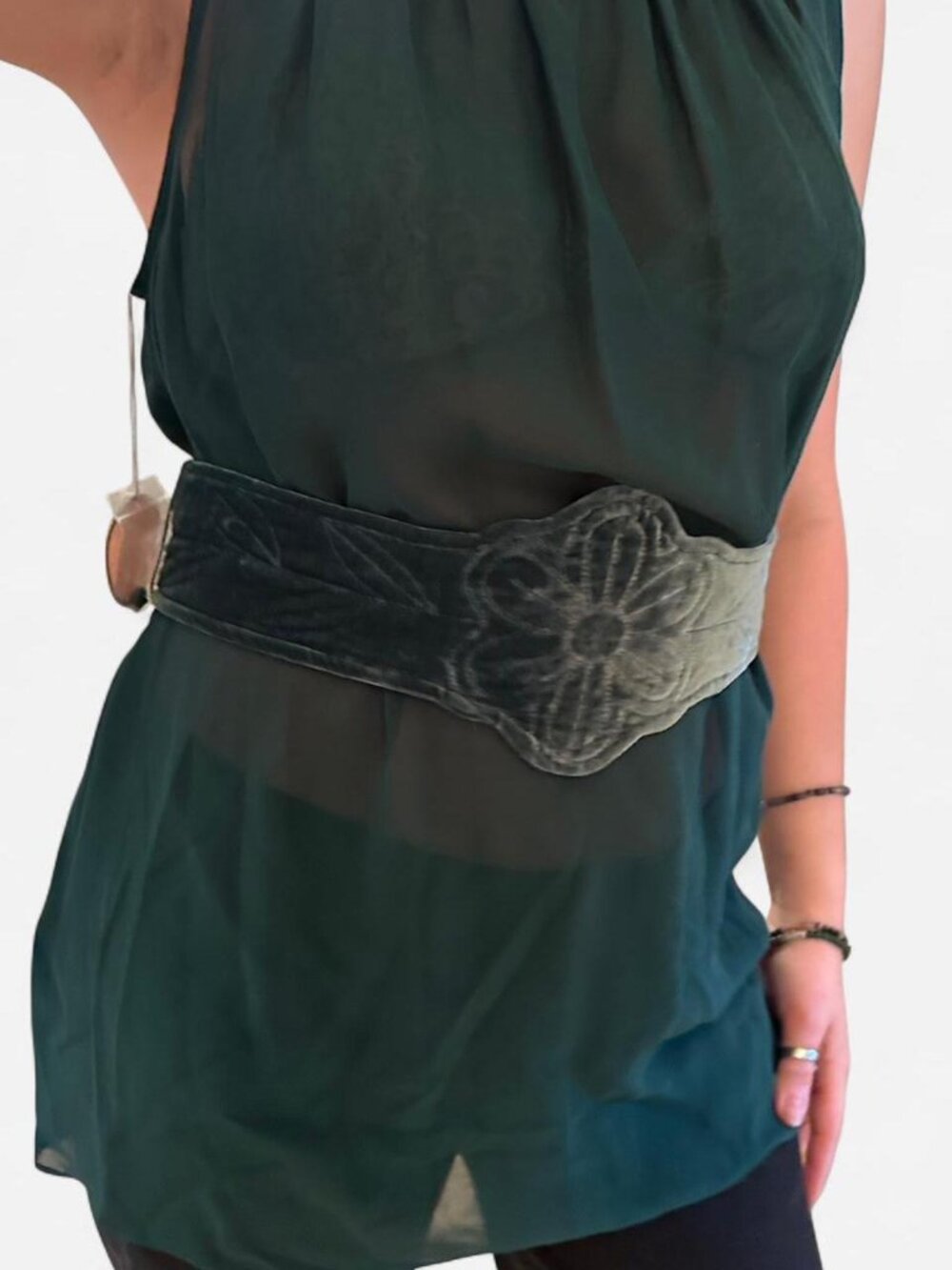 Rebecca Taylor 100% silk green sheer overlay top with velvet button & belt detai
